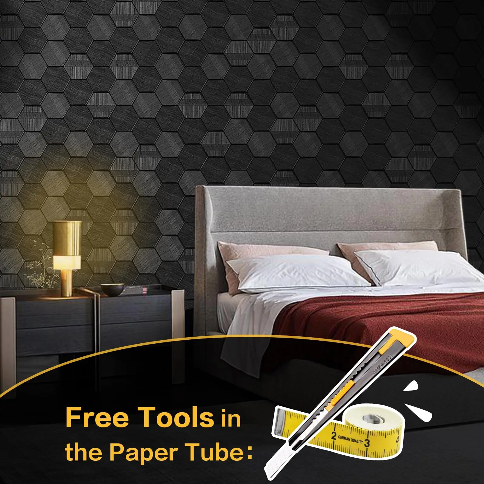 Hexagon Geometric Embossed Contact Paper Black Textured Wall paper for Cabinet Bedroom