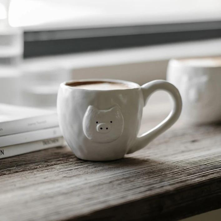 Cute bear coffee mug handmade relief animal mug porcelain pig mug cup