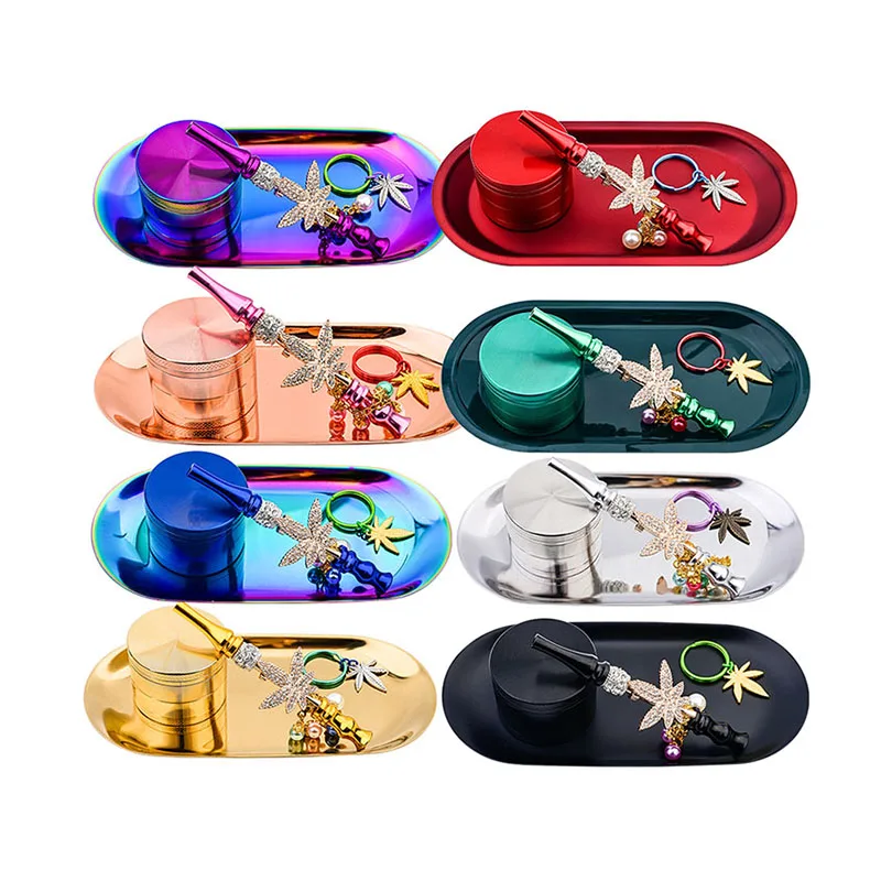 Custom Logo New 4 Layer Smoke Grinder with hookah tips rolling serving tray set