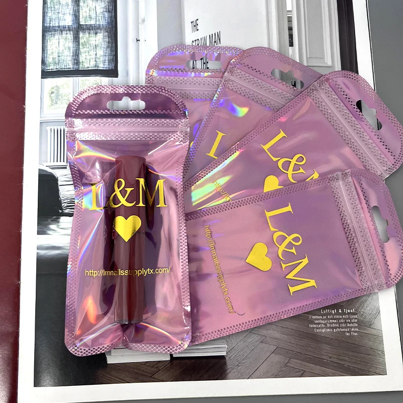 Custom Resealable  Aluminum Foil Clear Pink Plastic Pouch Zip Lock Zipper Mylar Holographic Jewelry Cosmetic Packaging Bag