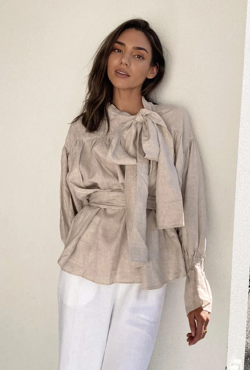 OEM Custom Women Long Strap Collar Long Puff Sleeve Wrap Blouse with Sash Ruffles Linen Cotton Tops for Office Lady