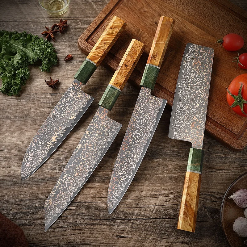 High End Tri-color Copper Damascus Steel Knife VG10 Core Japanese Chef Knife Set with Stabilized Wood Handle