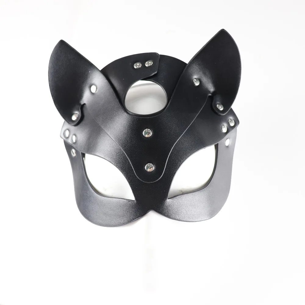 Half Eyes Cosplay Mask Face Cat Leather Harness Mask  Women Leather Fun Cat Mask Black Halloween