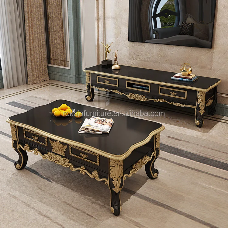 European Ebony Marble Coffee Table Solid Wood Carv Coffee Table Tv Stand Combo Luxury Hotel Home Living Room Black Coffee Table
