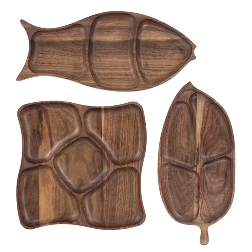 Custom Shape Natural Wood Plate Dishes Decorative Wood Product Serving Tray Appetizer Tray Divided 3 Sections Perfect for Snacks