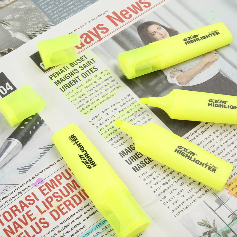 Gxin G-304801 yellow color 12pcs/set highlighters custom fluorescent pen water based school students highlighter marker pen
