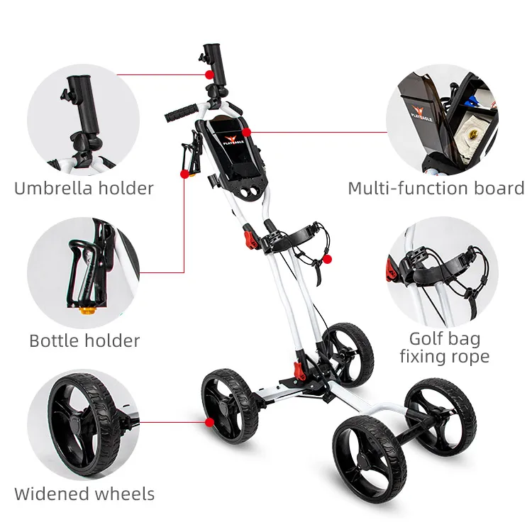 PLAYEAGLE Foldable 4 Wheels Golf Trolley Cart Aluminium Alloy Pull Cart Foldable Golf Push Cart Bag Carrier