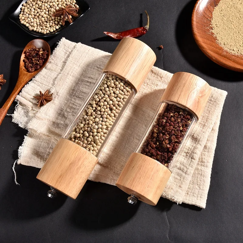 Durable Spice Herb Grinder Condiment Server Wooden Spice Tins Salt and Pepper Shaker Rubber Wood Acrylic Spice and Pepper Mill