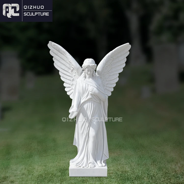 Life Size Natural Stone Monuments Sculpture Carved Female White Marble Angel Headstone Statue