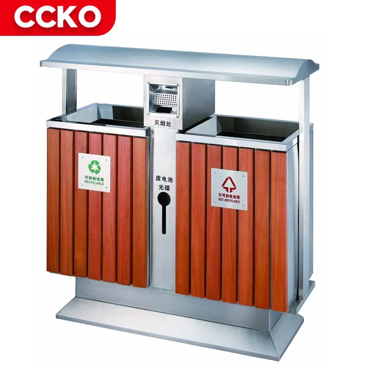 Commercial Trash Bins 2 Compartment Garbage Can Steel Dustbin Wood Waste Bins Recycle Bins Outdoor Trash Can For Street Park