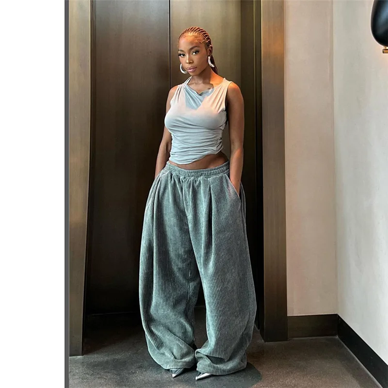 2023 Fashionable Streetwear High Waist Straight Women Pants Casual With Pocket Stretchable Loose Wide Leg Pants Women