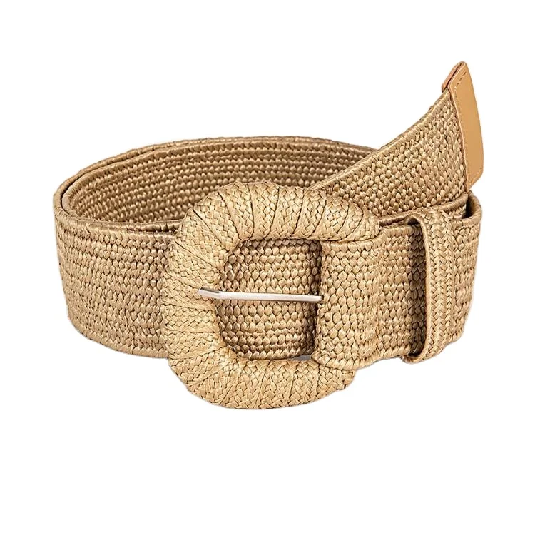 New  PP Straw Woven Resin Buckle Belt Vintage Knit Belt Woven Elastic Stretch Belt