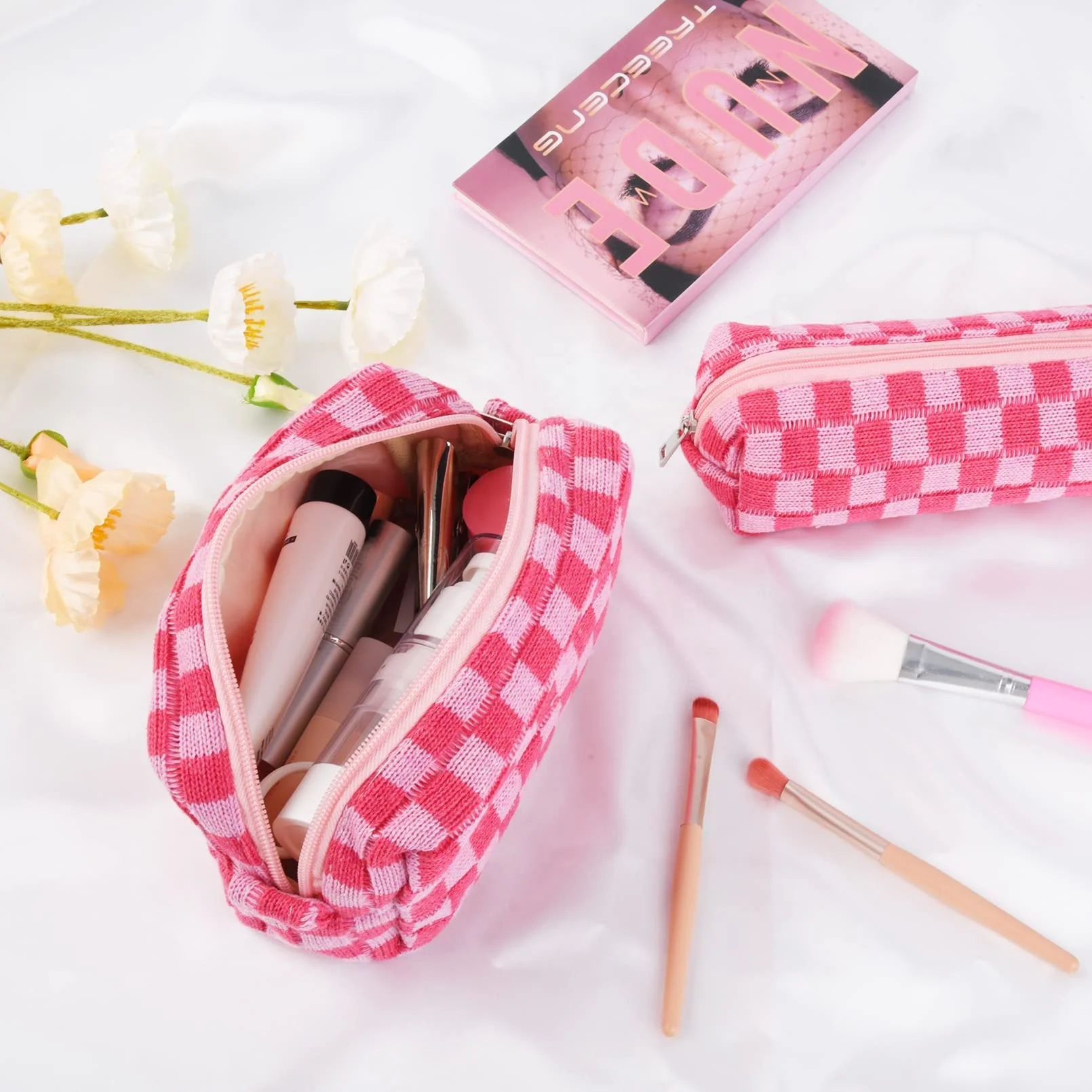 Portable Retro Knitted Women Cosmetiqueras Checkerboard Knitting Pouch Bag Contrast Makeup Case Cosmetic Bags Storage Bag