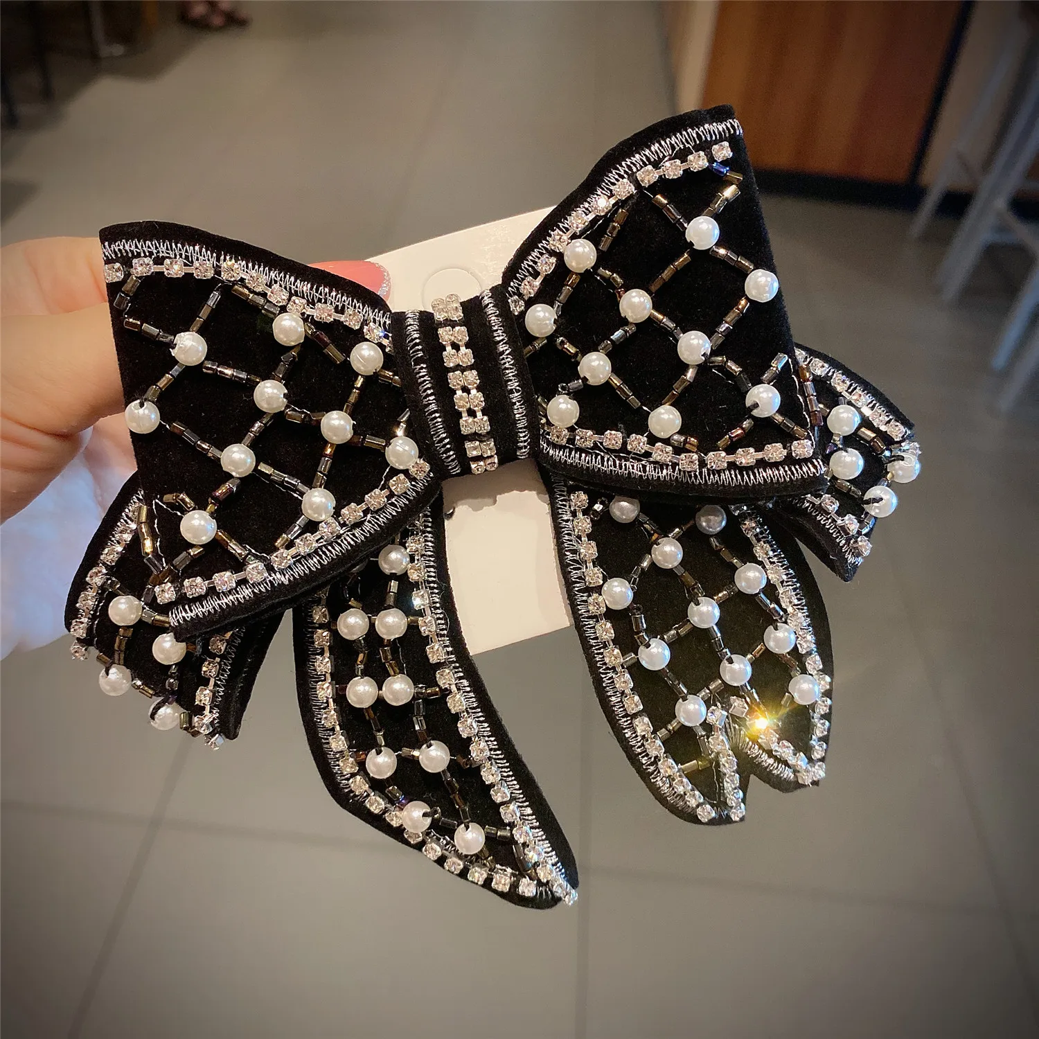 Korean Style Girls Headwear Handmade Luxury Rhinestone Crystal Beads Black Big Bow Barrette Hair Clip Hairgrip Hair Accessories