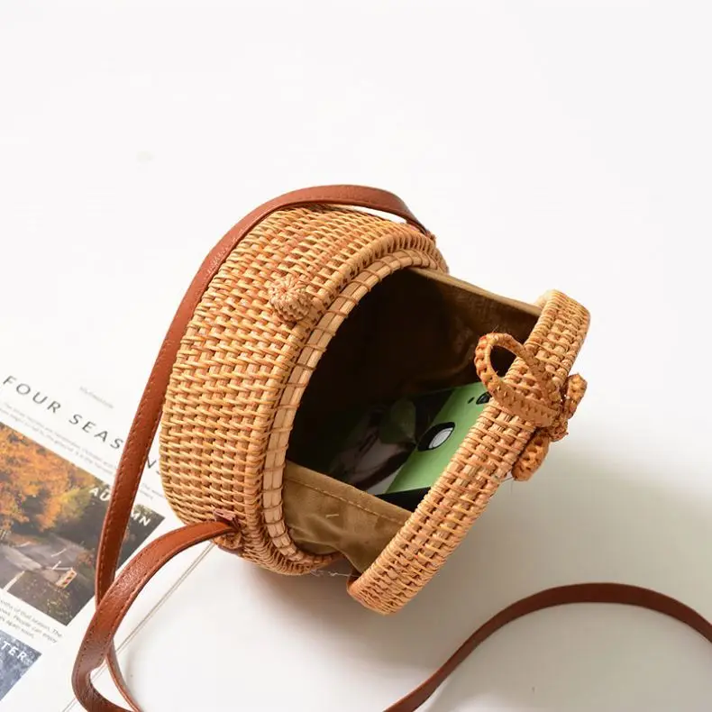Circular Casual Rattan Bag 2022 Ins Summer Handmade Bali Beach Shoulder Bow Bag Woven Bohemian Handbag Sac A Main Crossbody
