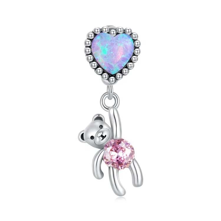 custom bear opal bling pink heart shaped charm designer inspired necklace cute 925 sterling silver charms for jewelry making