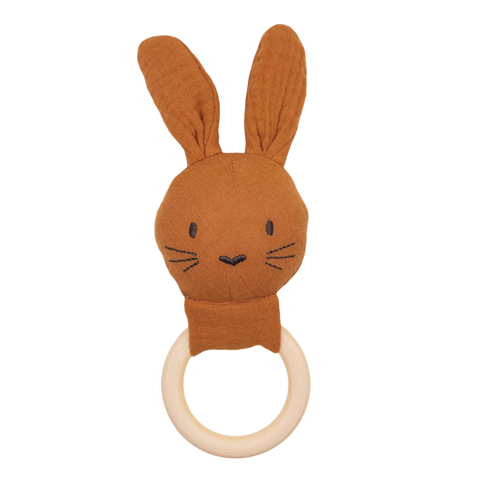 Maydow Wooden Toy Wood Mordedor Ring Rabbit Cotton Neutral Crochet Baby Gift Bunny Rattle Teether