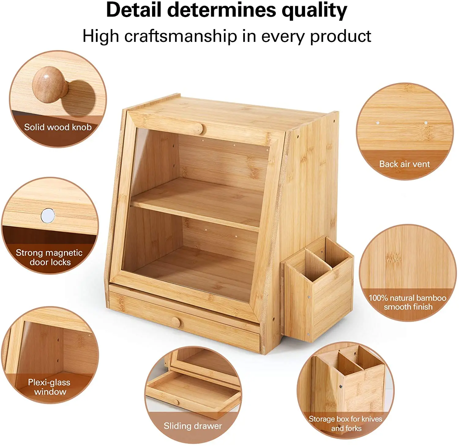 Wholesale Kitchen Countertop 2-Tier Bamboo Bread Box Bin Bamboo Bread Container Cabinet Organizer with Transparent Window