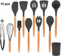 Reusable Adaptive Silicon Cooking Skimmer Stainless Steel Wood Tools Camping 12 Pcs Silicone Kitchen Utensil Set