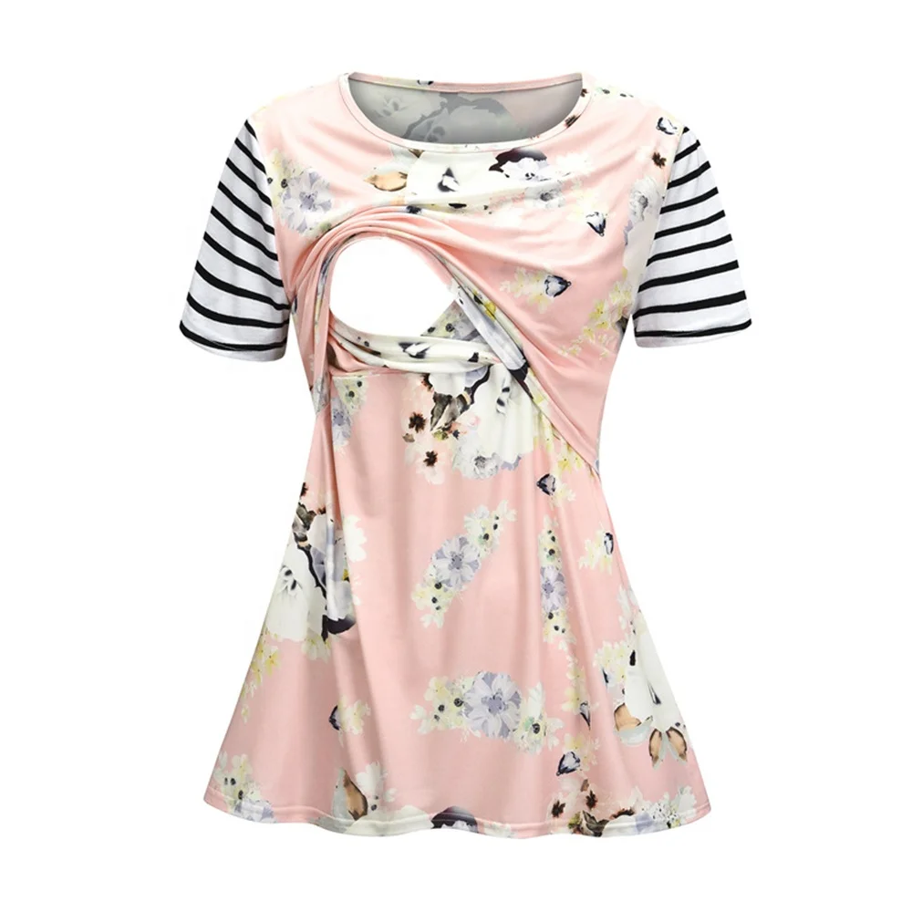 Женский топ для кормящих матерей одежда с цветочным принтом Футболка с коротким длинным рукавом для грудного вскармливания