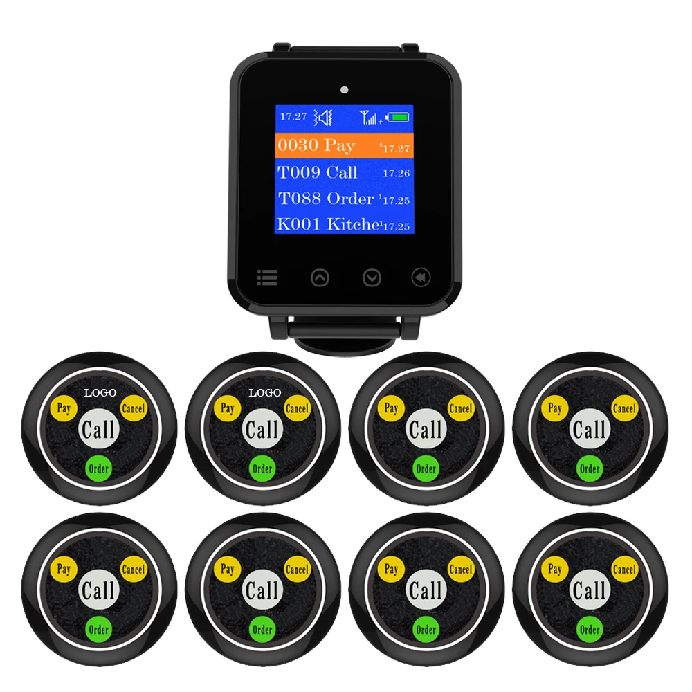 Artom Wireless call bell system with waterproof watch receiver set in different language and customized free logo on pager