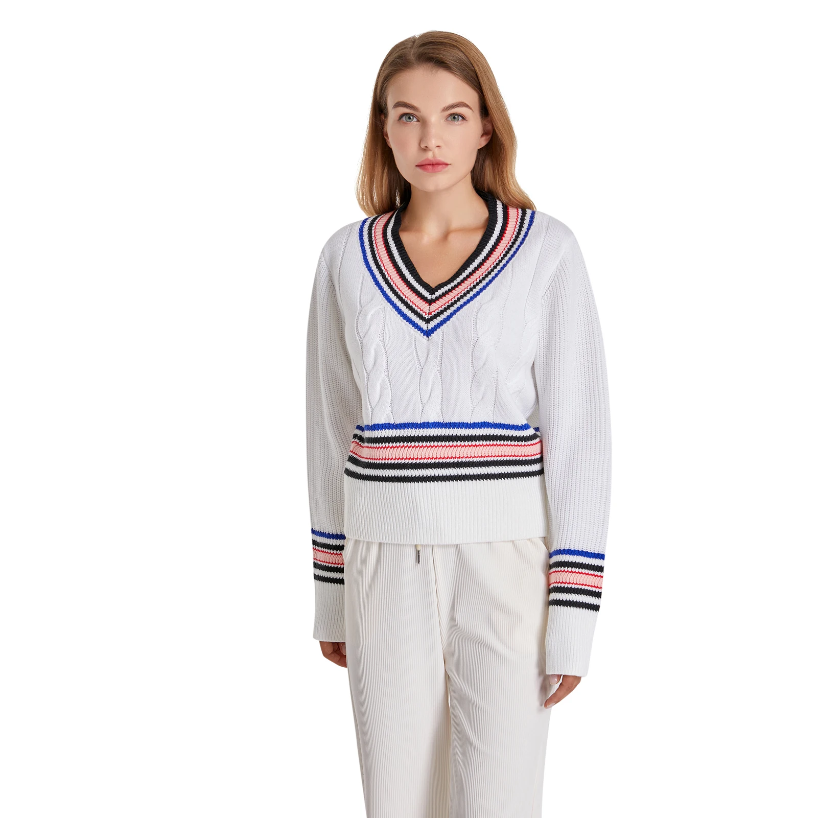 Женский вязаный свитер в консервативном стиле с v-образным вырезом и длинными рукавами в цветную полоску