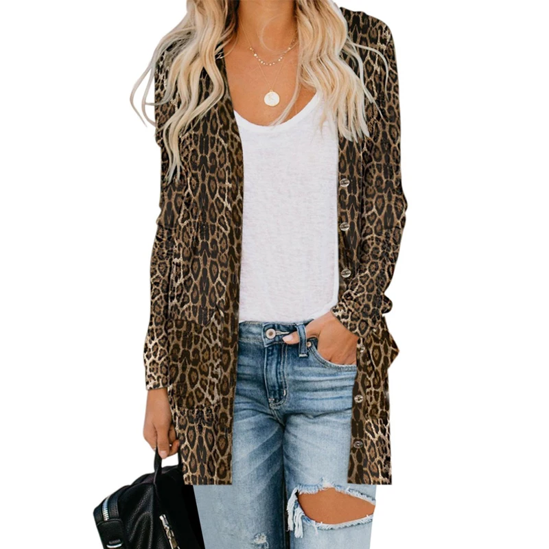 
Wholesale Fashion Knitted Button Down Pocketed Leopard Print Long Sleeve Women Cardigan Sweater 