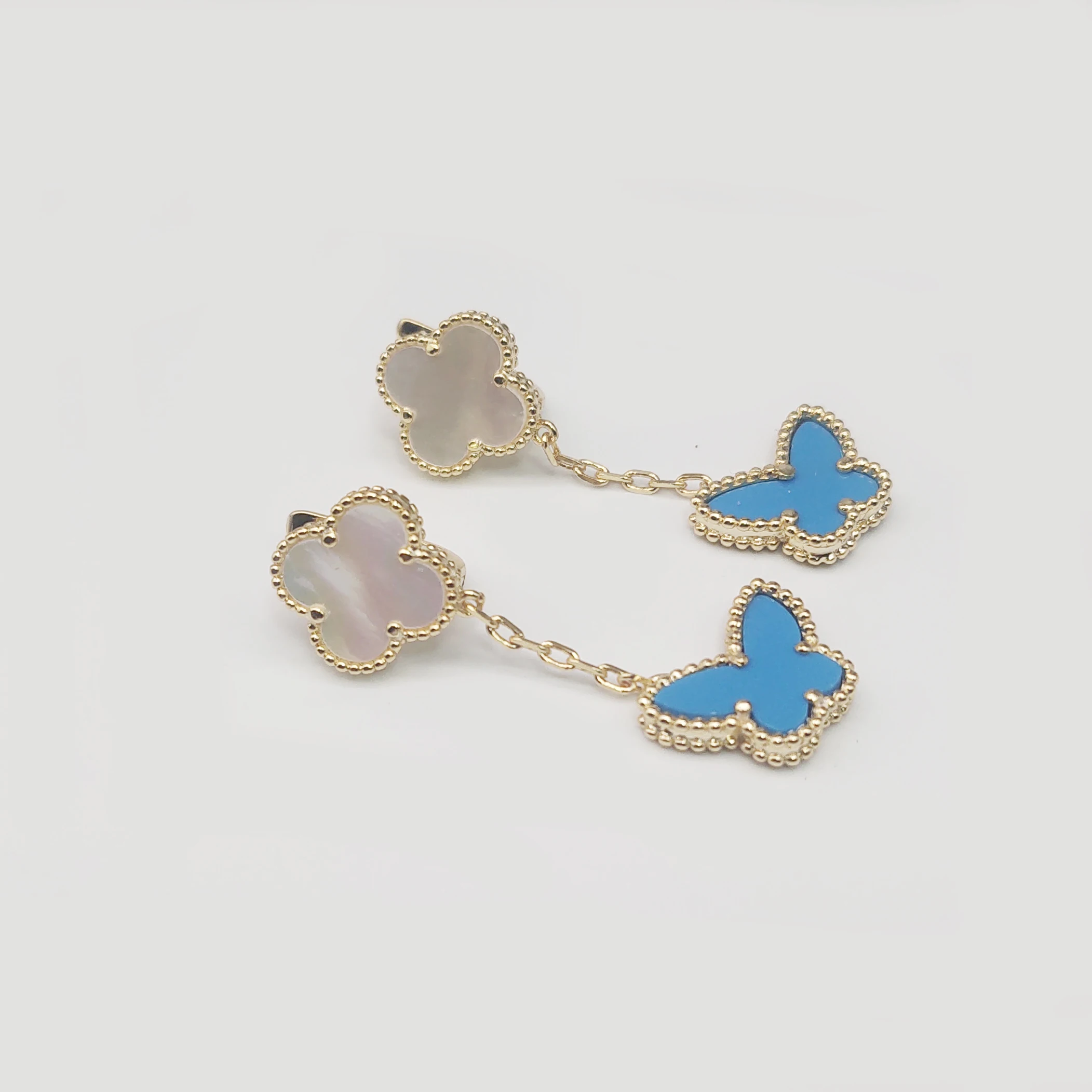 Wholesale high quality 18K Gold Plated exquisite classic fashion blue butterfly clover Stud Earrings 925 Sterling Silver jewelry