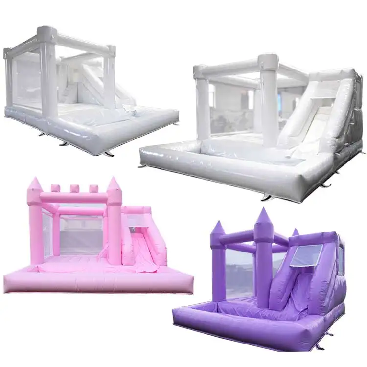 white inflatable bounce house jumper castle bouncer with slide for wedding