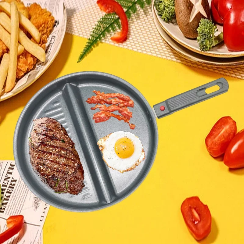 2 Sections Dual Pan Breakfast Egg Frying Pan Meat Grill 2 In 1 Pressed Aluminum Nonstick Divided Pan with Detachable Handle