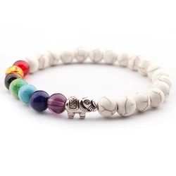 White Crystal Beaded Stretchy Turquoise Howlite Bangle 7 Chakra Elephant Bracelet