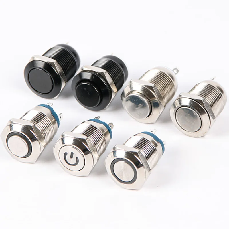 Hot sale waterproof 12mm metal switch with light reset short flat head ring Power symbol metal button switch