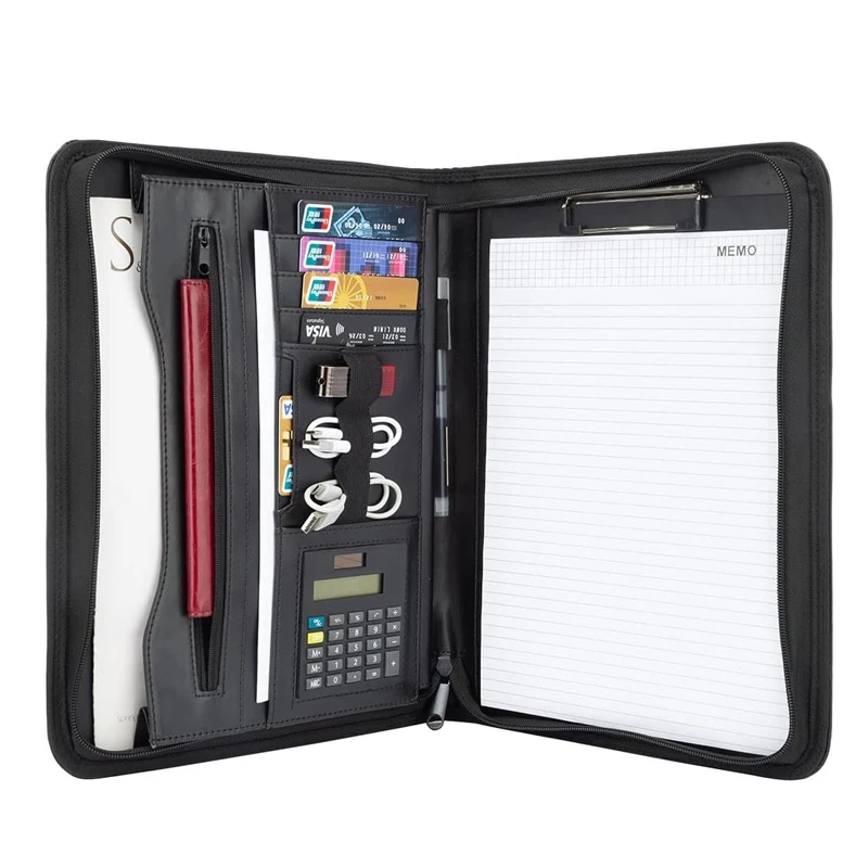 High Quality Custom A4 PU Leather Zippered Padfolio