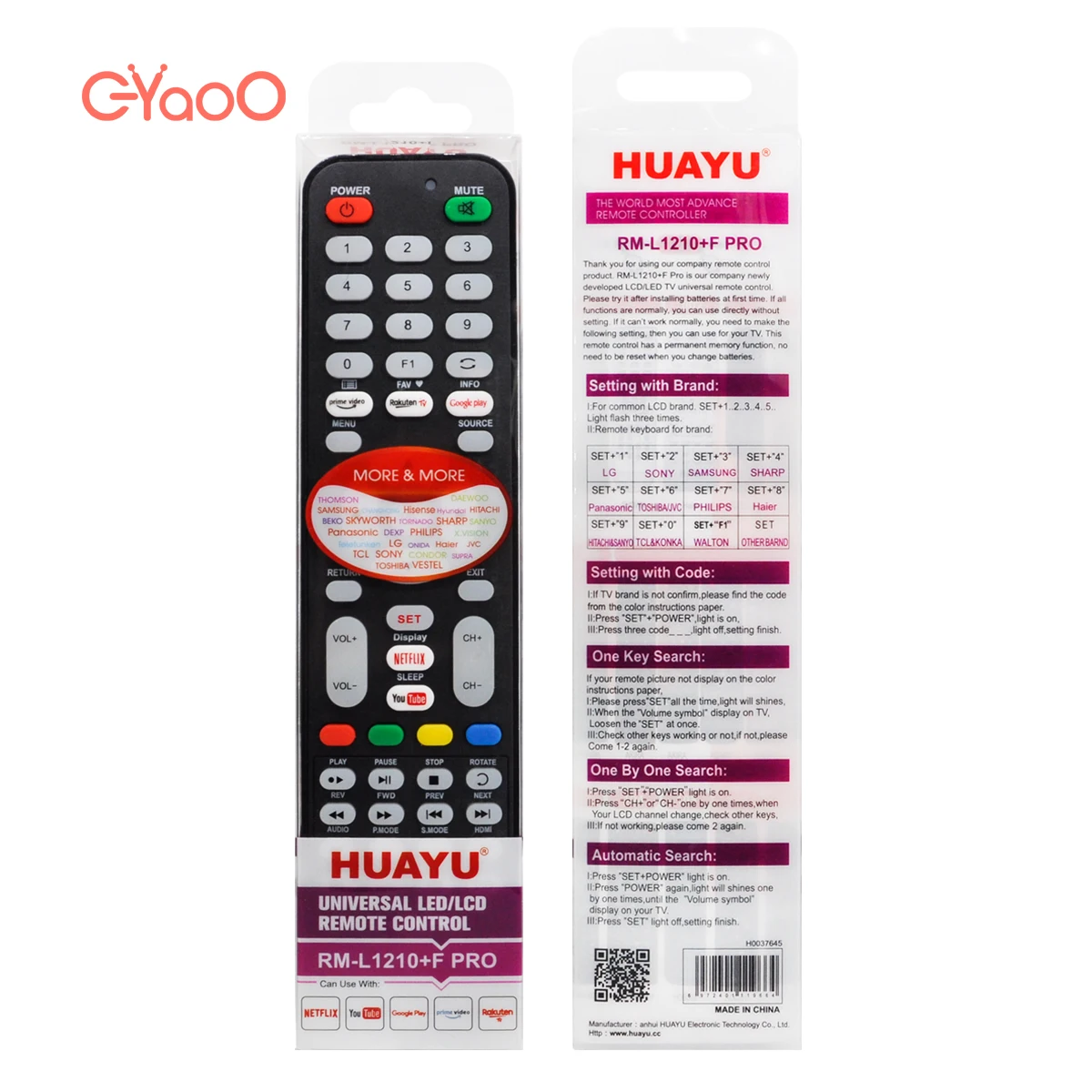 HUAYU RM-L1210+F PRO TV Controller Wireless Functions LED LCD Universal TV Remote Control