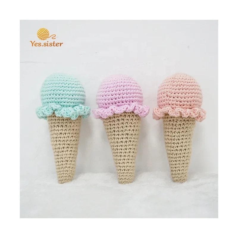 Montessori Knitted Newborn Grelot Bebek Amigurumi Sonaja Baby Crochet Plushie Pretend Play Food Rattle Kid Soft Ice Cream Toy