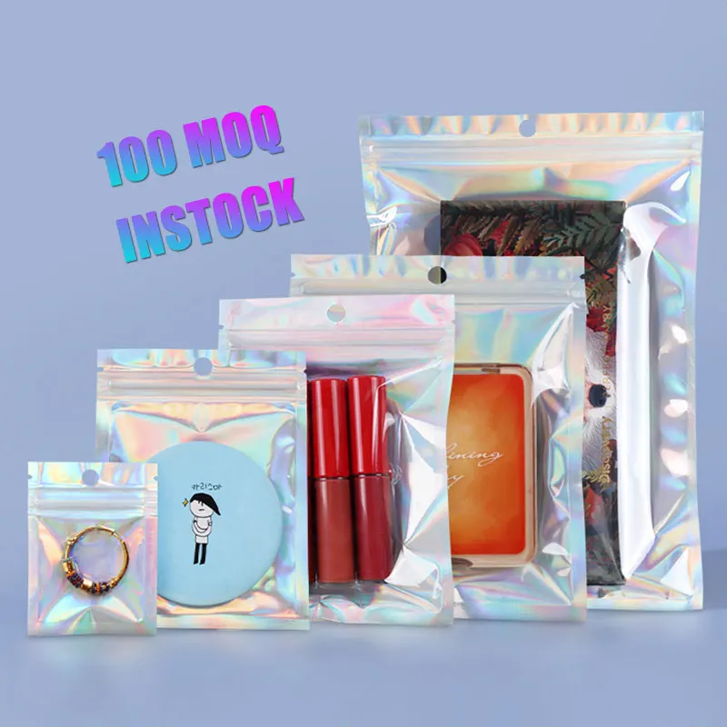 Moq 100Pcs Wholesale Holographic Foil Plastic Small Business Resealable Zip Lock Candy Makeup Jewelry Packaging Bag