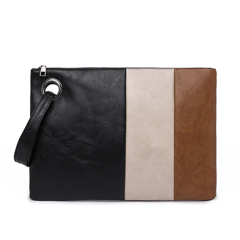 2022 Wholesale High Quality Colored Stitching Leather Design Zipper Wristlet Envelope Bag Women Soft Leather Evening Clutch Bag