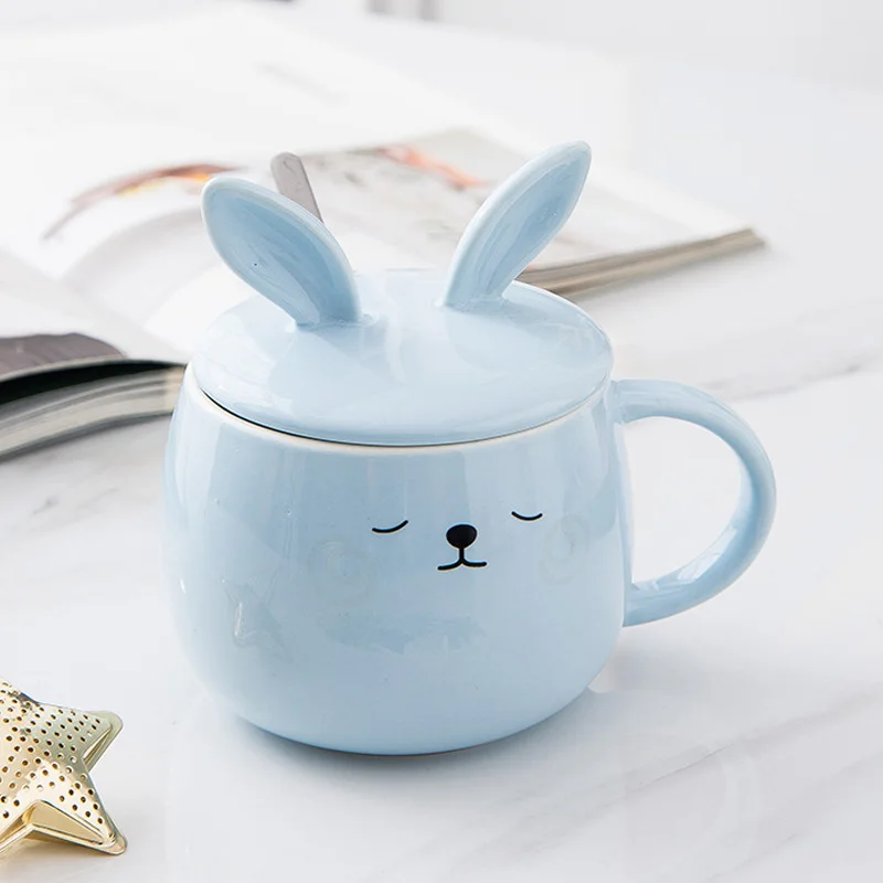 Creative Cute New Style Rabbit Ears Heating Water Color Changing Ceramic Cup With Spoon And Lid