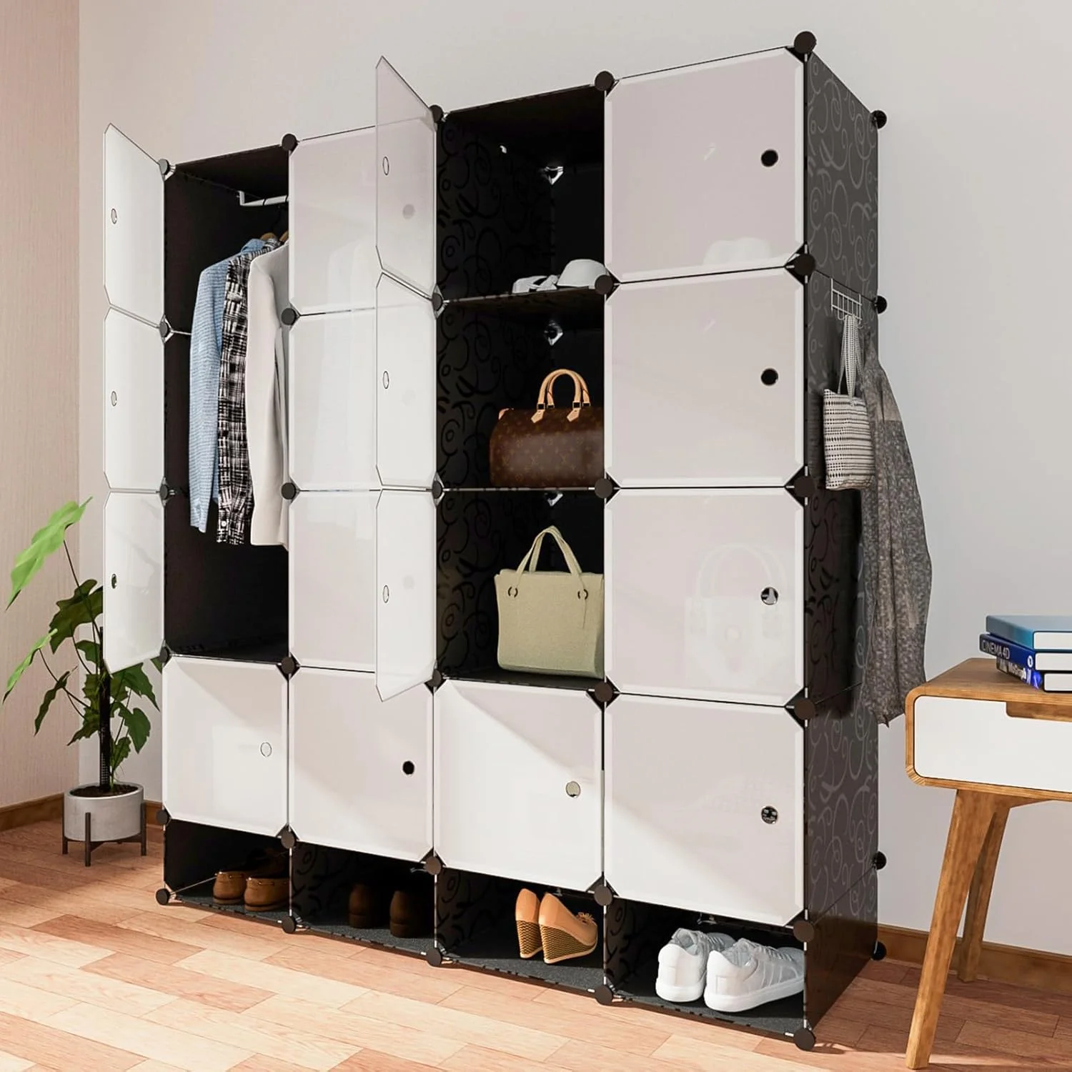 Cubes Shelf Cabinet with Bottom Shoes Shelf Clothes Storage Shelves with 2 Hanging Rods