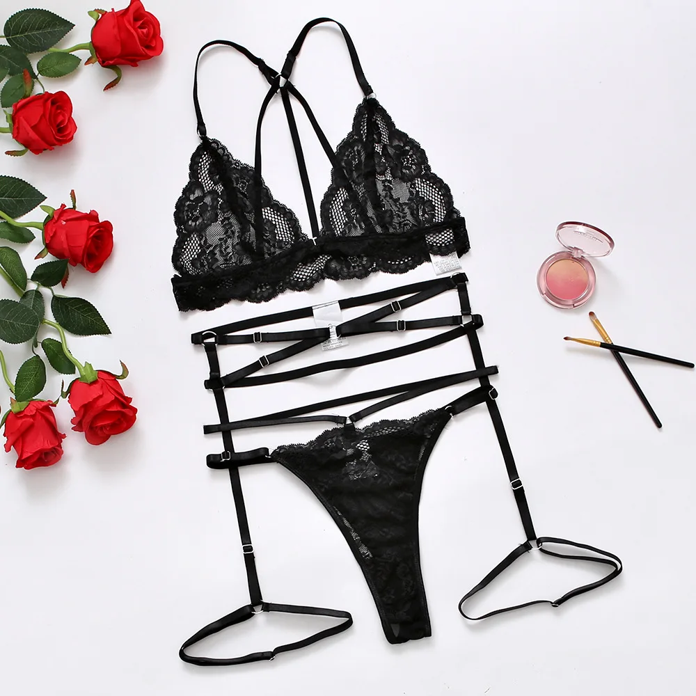 2022 New Midnight Charm Black Lace Youth Spot Lite see through lace sexy lingerie with garter belt sexy lingerie underwear