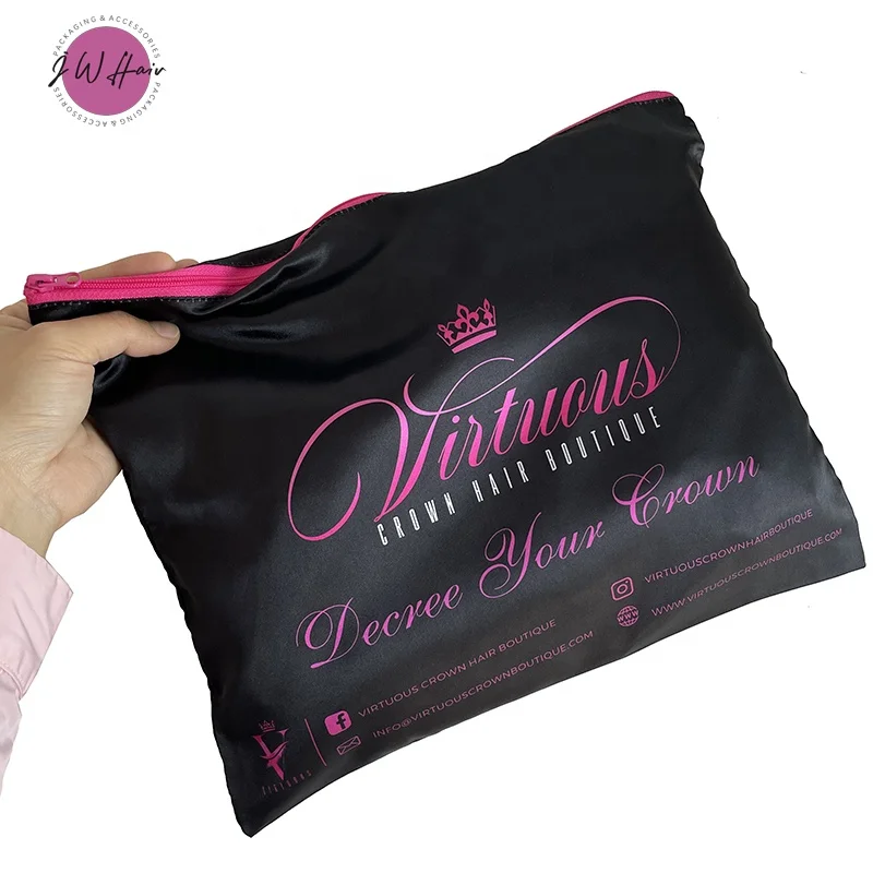 Hair Extensions Packaging Silk Zipper Bag Custom All Over Logo Printed Satin Zip Wig Storage Gift Bag