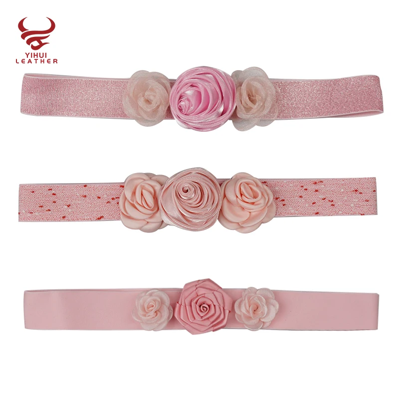 Wholesale Fashion Designer Webbing Woven Surcingle Belts for Women Adjustable Botton Pink Flower Elastic Strength Belt Girls