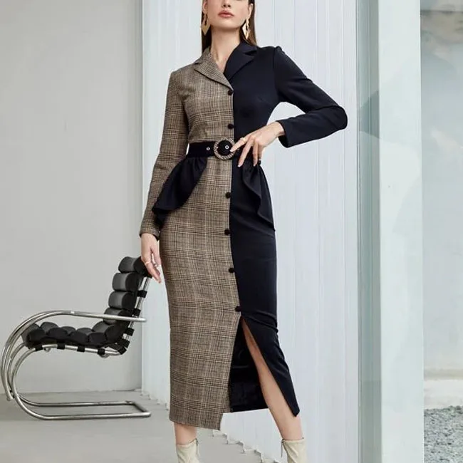 2022 Spring and autumn long sleeve lapel matching color plaid waist girdle work dress women