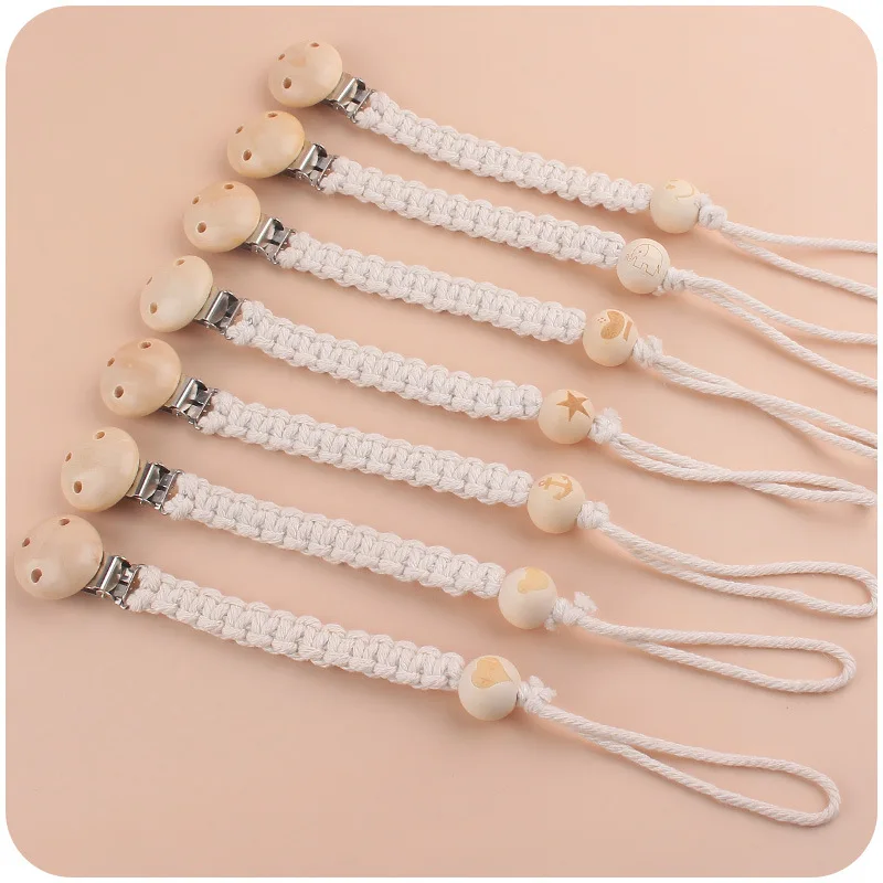 Baby Pacifier Clip Chain Woven Cotton Rope Beech Wood Pacifier Clip DIY Dummy Nipple Holder Baby Teething Toy