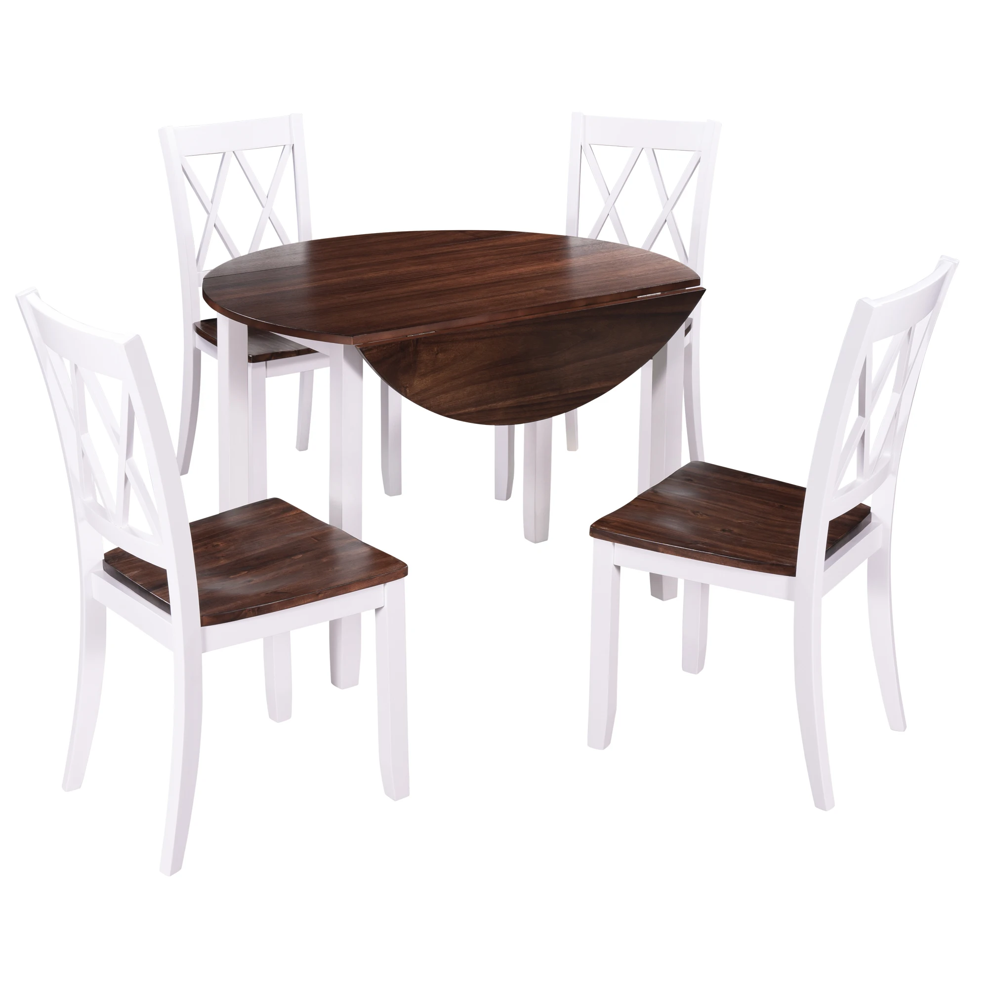 Набор обеденных столов TOPMAX, комплект из 5 круглых деревянных подвесных листьев с 4 крестовыми спинками для небольших мест, белый цвет + Вишня