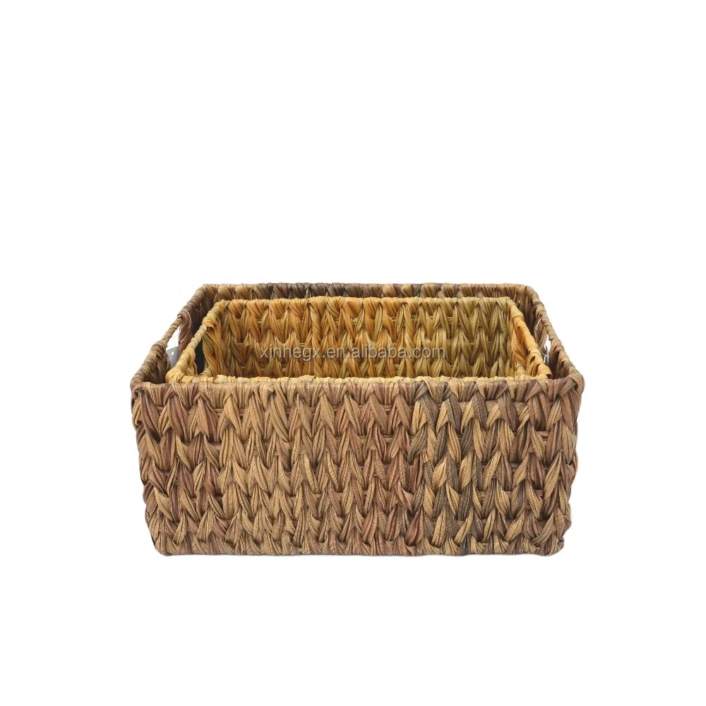 XH set of 2 rectangular brown woven plastic wicker rattan woven storage basket with inside handle