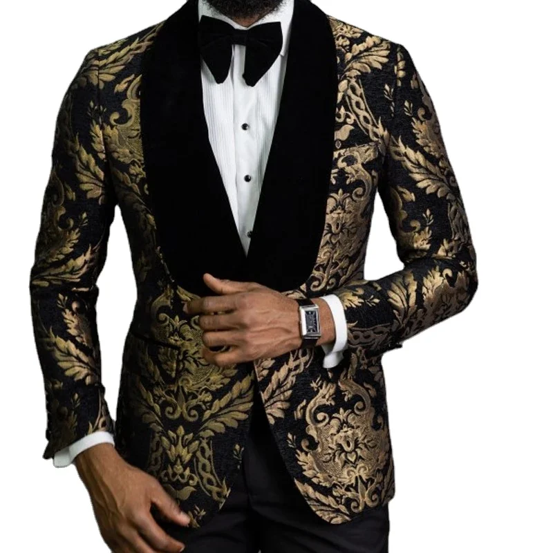 
Costume Homme Fashion 2 Piece Black Floral Jacquard Prom Men Suits Slim fit with Velvet Shawl Lapel Wedding Groom Tuxedo Blazer 