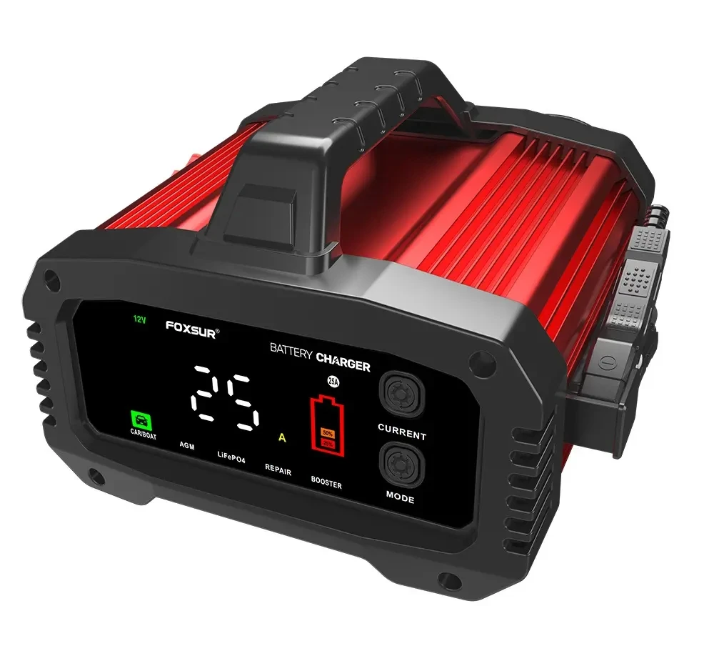 Foxsur 12V 24V battery charger 25A battery power supply universal repair type lead-acid with BOOSTER engine jump start