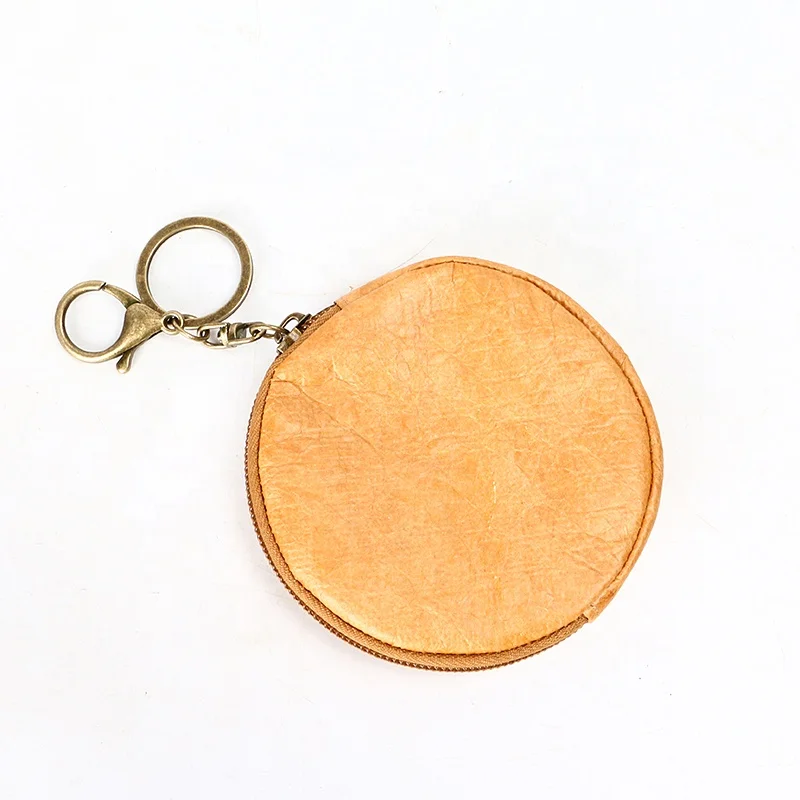 Factory custom mini  coin  purse round shape key bag  brown Tyvek  paper  storage bag waterproof   wallet