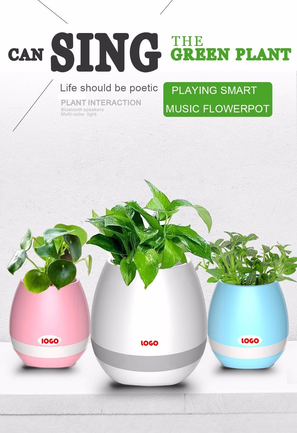 Smart BT Speaker Touch Music Playing Plant Pots Rechargeable Wireless Flower Pots with LED light